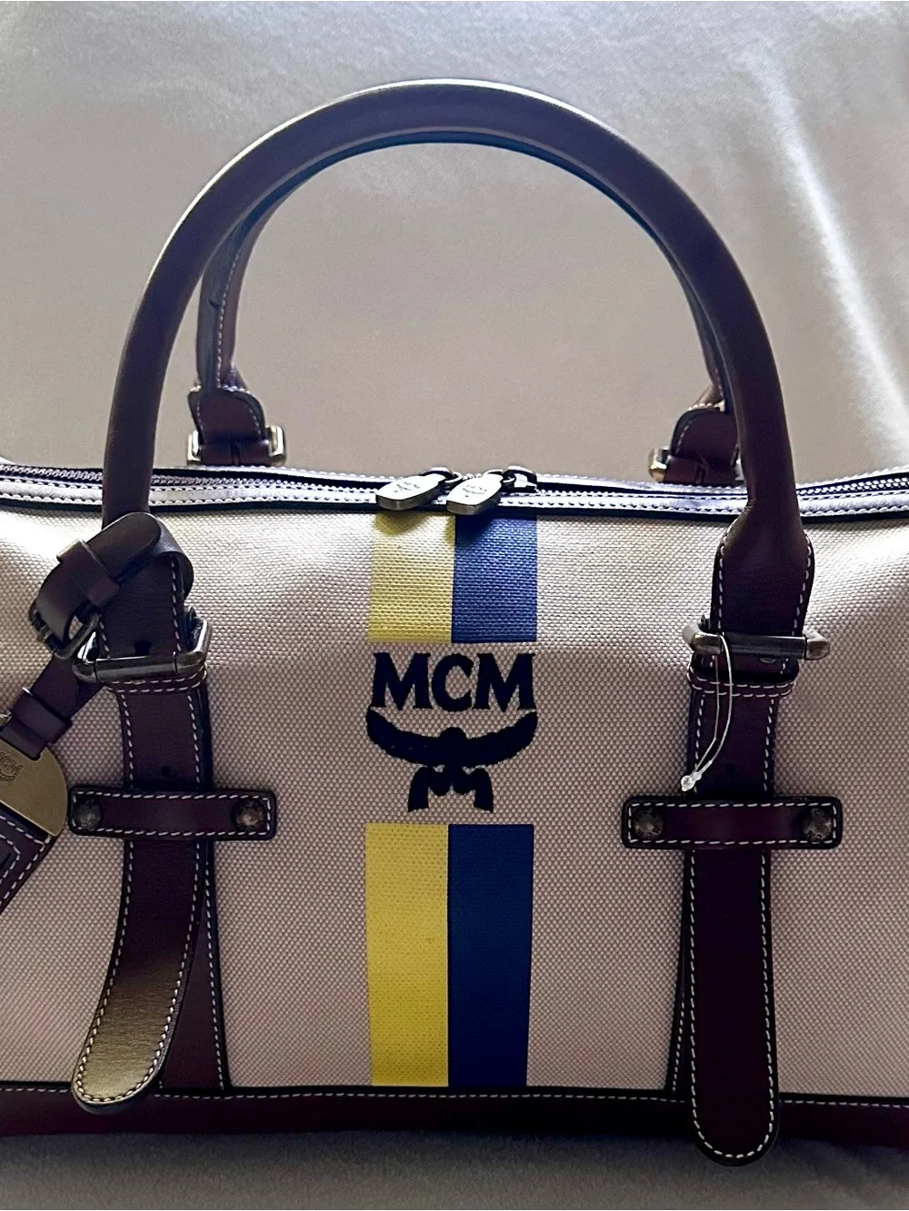 MCM Limited Beige Canvas Brown Leather Trim Boston Weekender Duffle Bag Unisex
